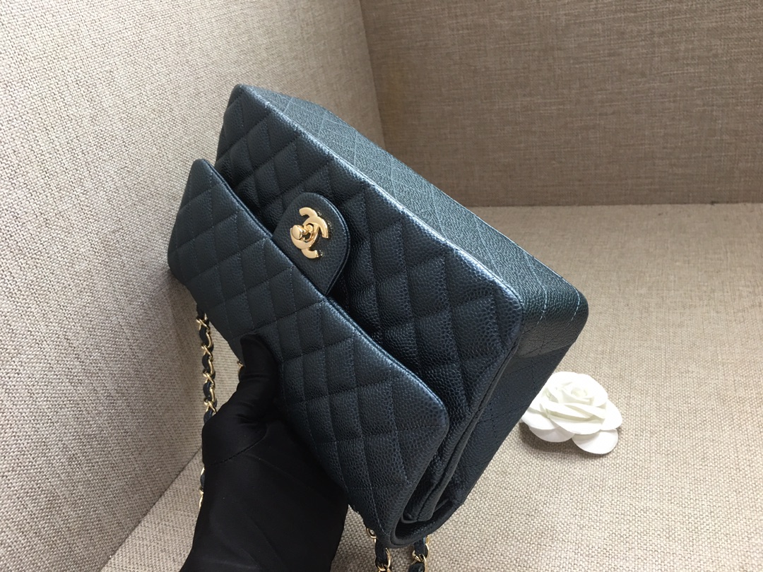 Medium Classic Flap Caviar Bag A01112 Dark Blue/Gold